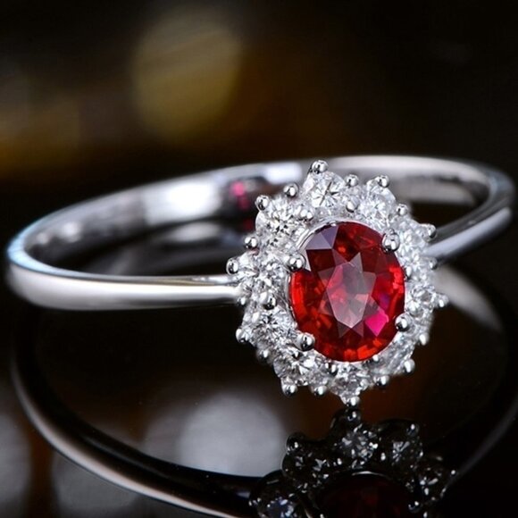 925 Silver Plated Oval Sun Flower Red Elegant Ruby Ring for Women, VIP0V… - Picture 3 of 6